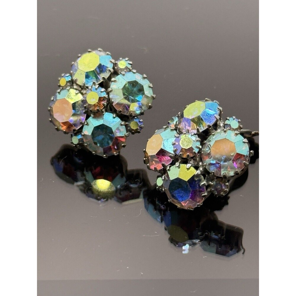 Vintage Weiss Aurora Borealis Rhinestone Clip Earrings | Silver-tone | 1”